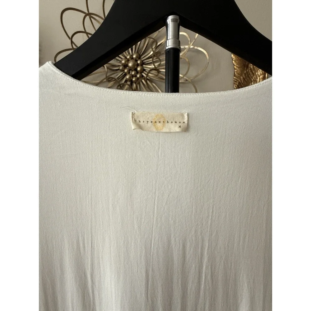 Chrysanthemum Linen Blend Mini‎ Dress Women M Ivory Puff Sleeve Lace Up Cottage